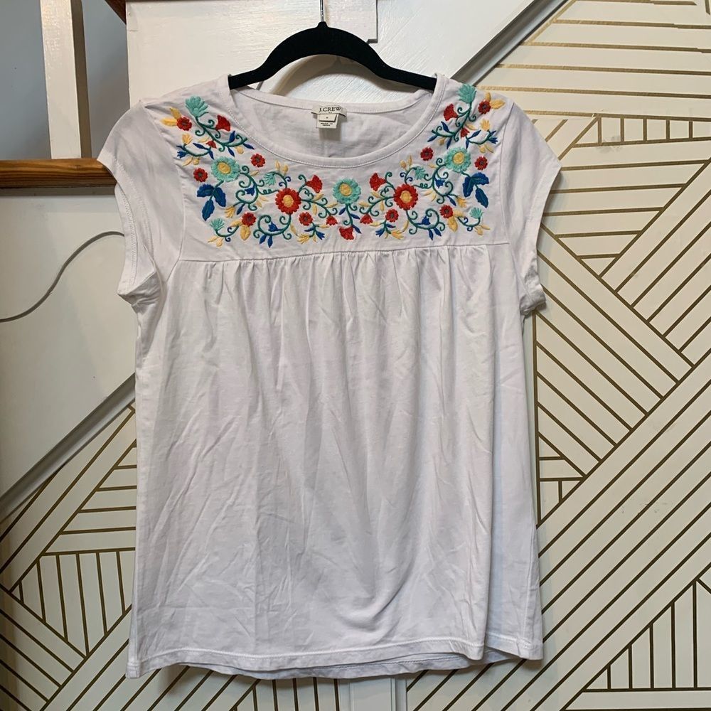 J. Crew White Short Sleeve Floral Blouse Womens